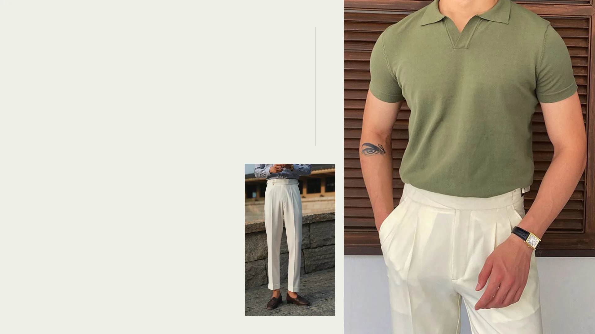 An olive polo with light trousers beside a cropped trouser outfit. Edwin Lorne editorial composition.